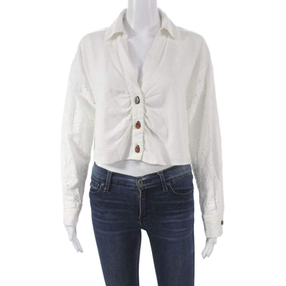 Zara Women Cropped Button Up Collared Long Sleeve White Cotton Top Boho Size M